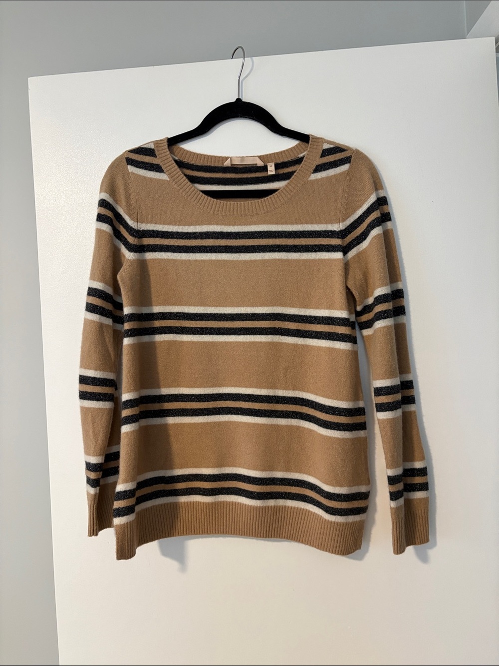 Striped Cashmere Crewneck Sweater in Camel